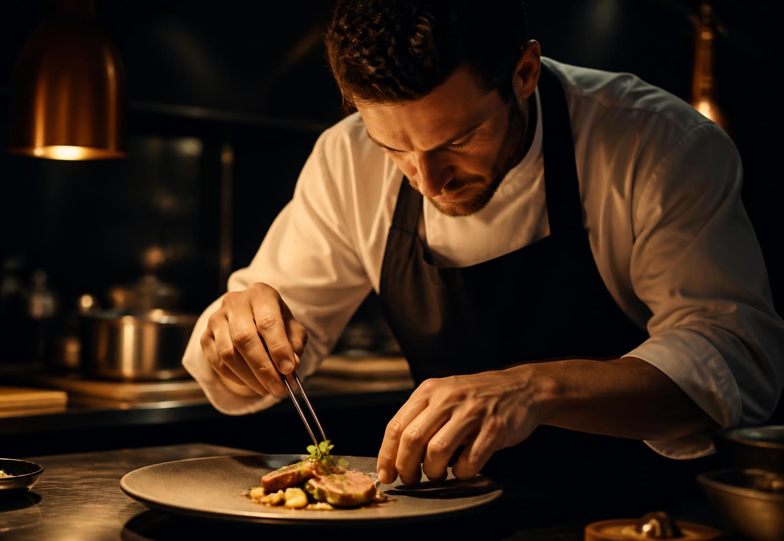 A chef plating a refined dish in a warm-lit professional kitchen